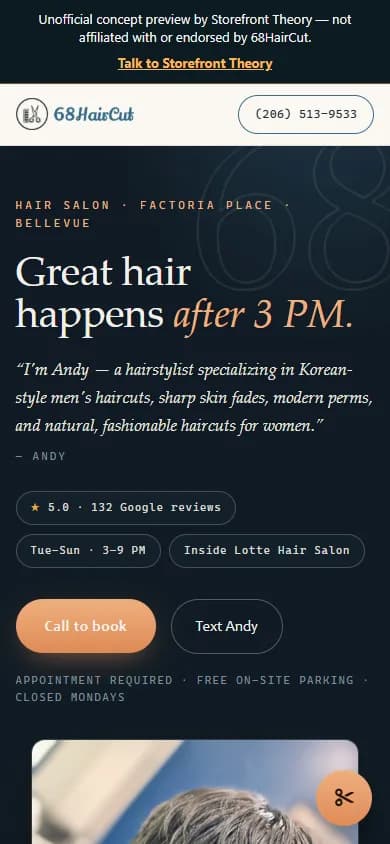 Our finished demo rebuild for 68HairCut, on a phone