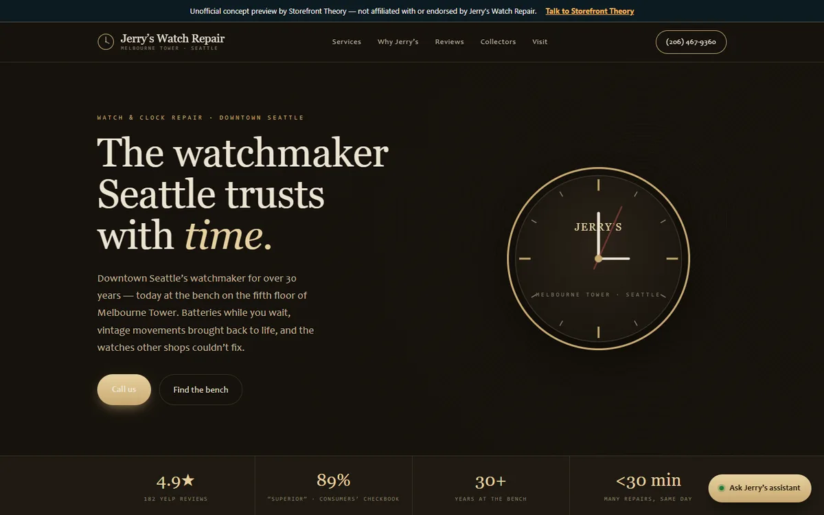 Our finished demo rebuild for Jerry's Watch Repair — dark hero with a ticking watch dial